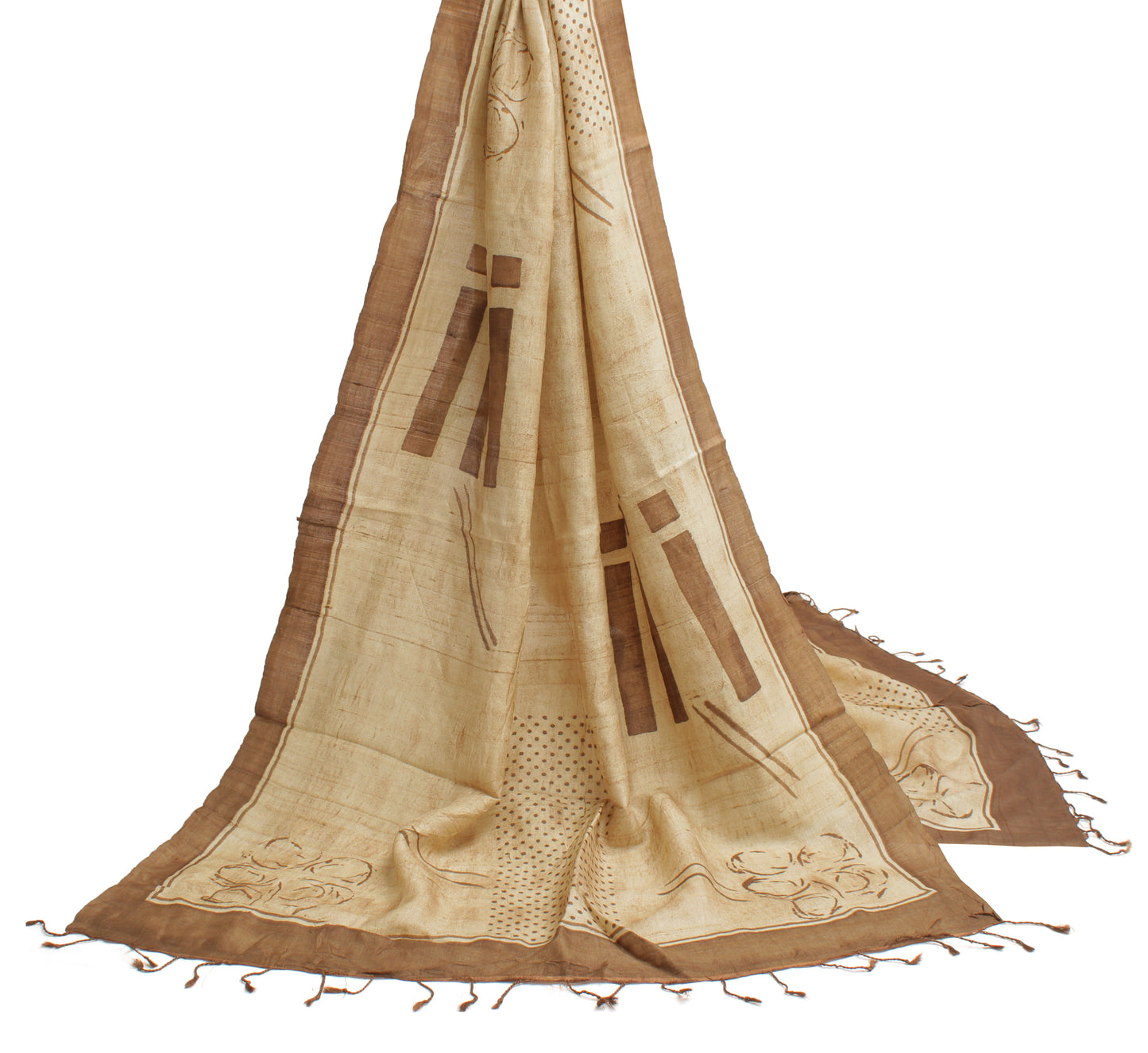 Sushila Vintage Cream Dupatta 100% Pure Silk Printed Long Stole Scarves Veil