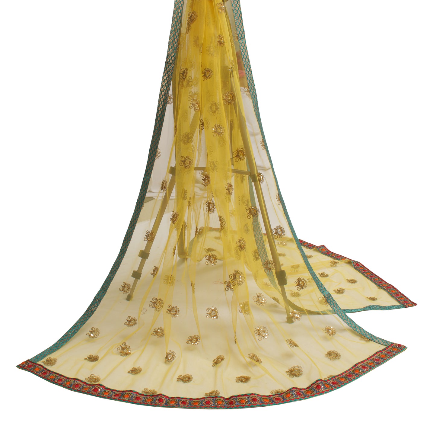 Sushila Vintage Yellow Dupatta Net Mesh Zari Embroidered Long Stole Scarves