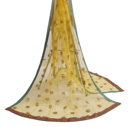 Sushila Vintage Yellow Dupatta Net Mesh Zari Embroidered Long Stole Scarves