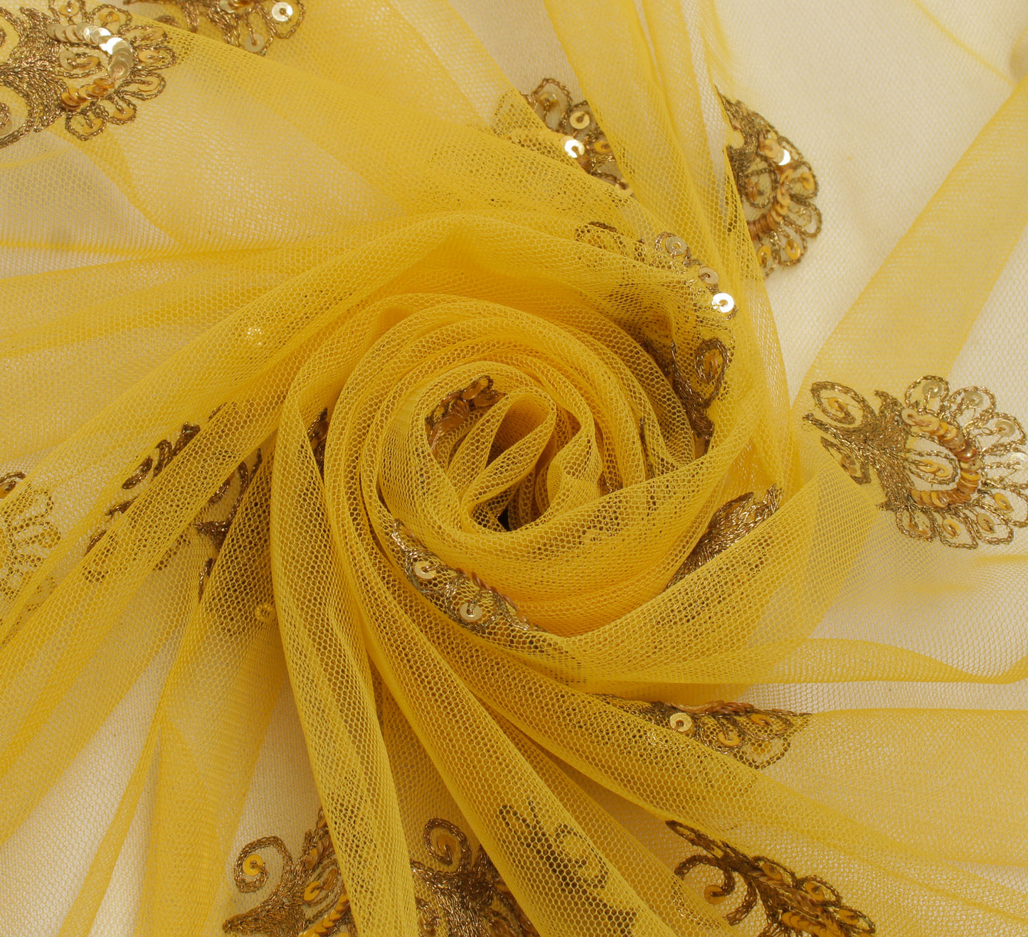 Sushila Vintage Yellow Dupatta Net Mesh Zari Embroidered Long Stole Scarves
