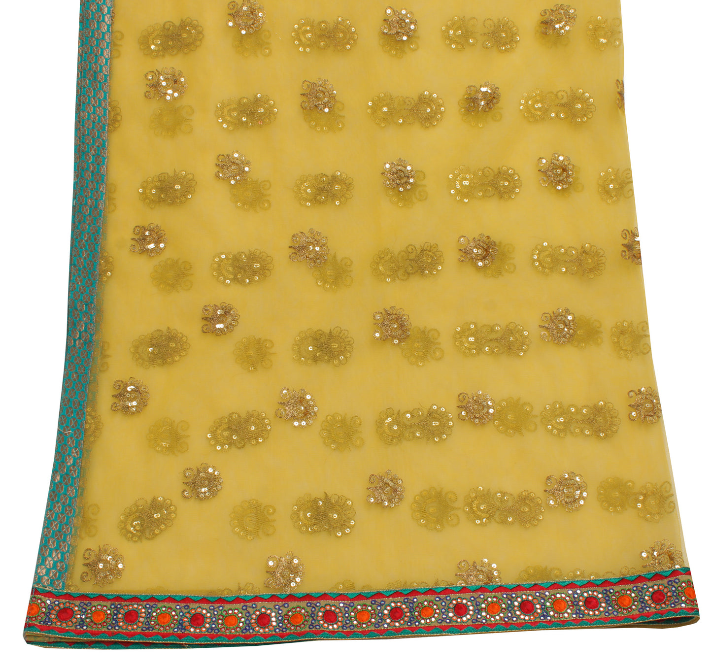 Sushila Vintage Yellow Dupatta Net Mesh Zari Embroidered Long Stole Scarves