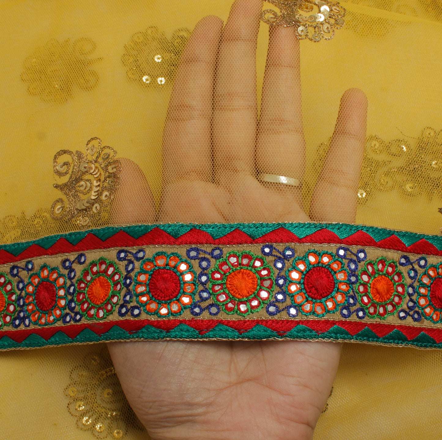 Sushila Vintage Yellow Dupatta Net Mesh Zari Embroidered Long Stole Scarves