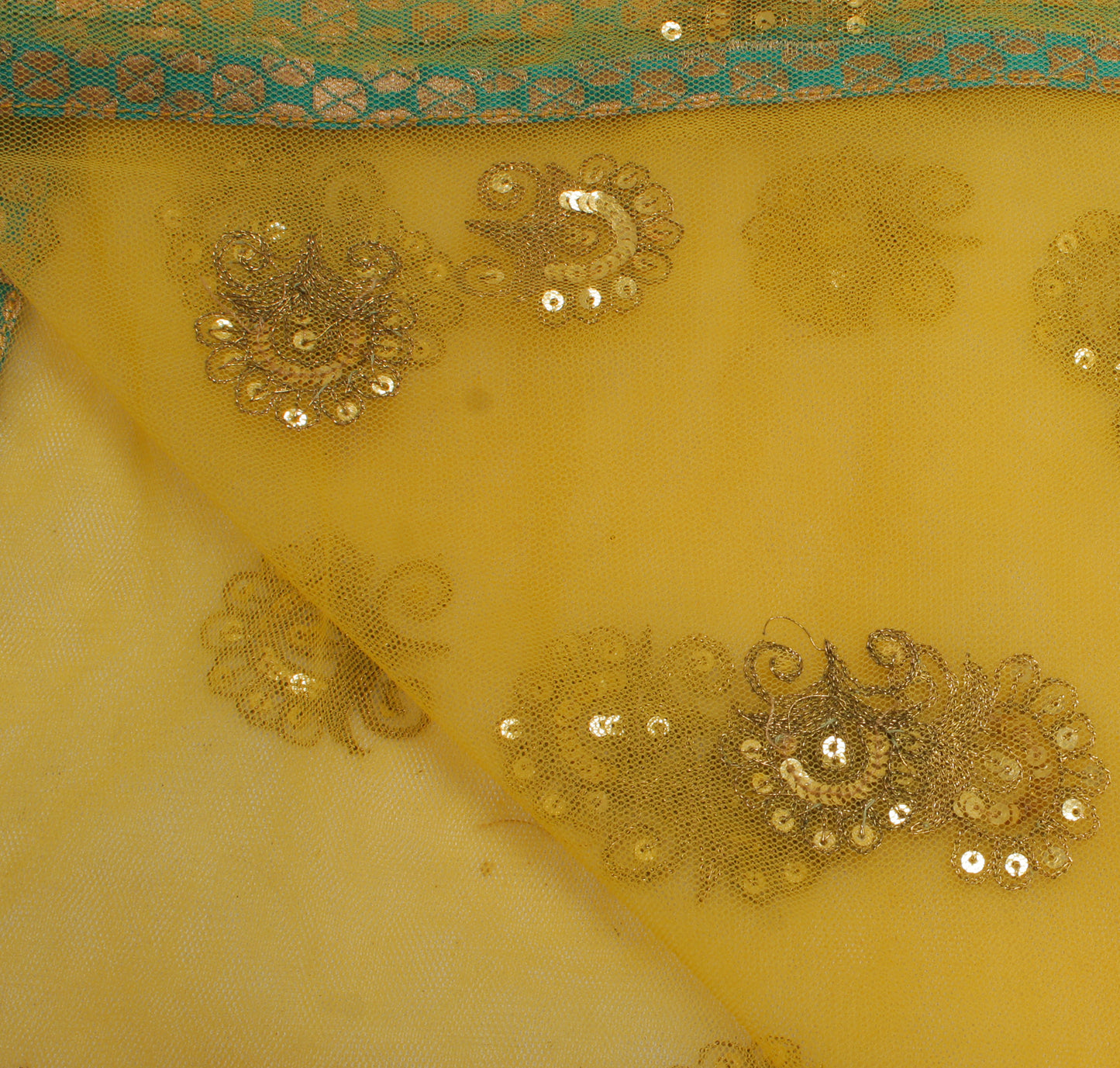 Sushila Vintage Yellow Dupatta Net Mesh Zari Embroidered Long Stole Scarves