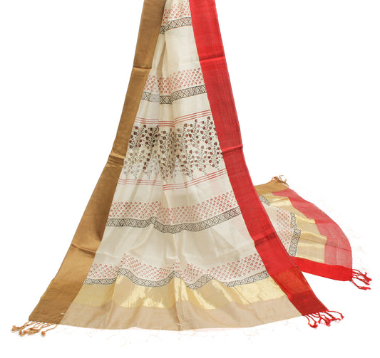Sushila Vintage Cream Indian Dupatta Pure Cotton Printed Long Stole Scarves