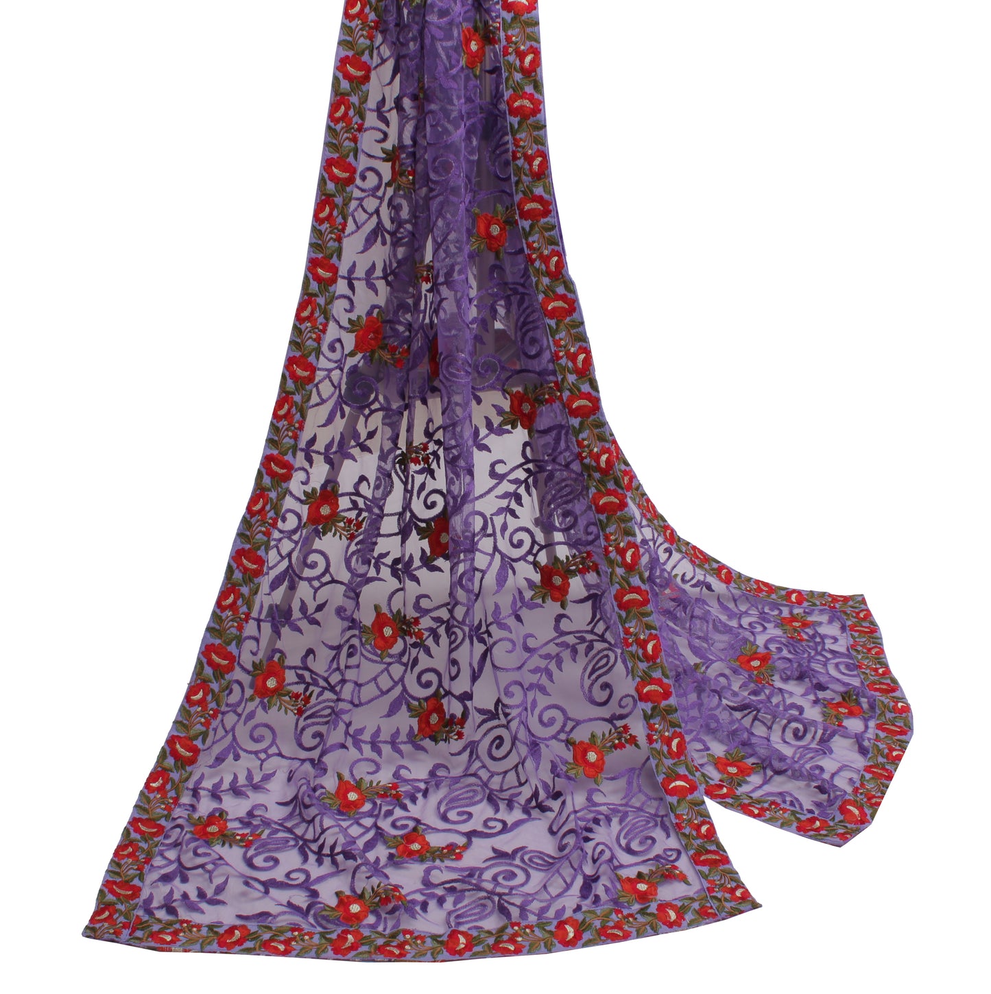 Sushila Vintage Purple Indian Dupatta Net Mesh Hand Embroidered Long Stole Veil