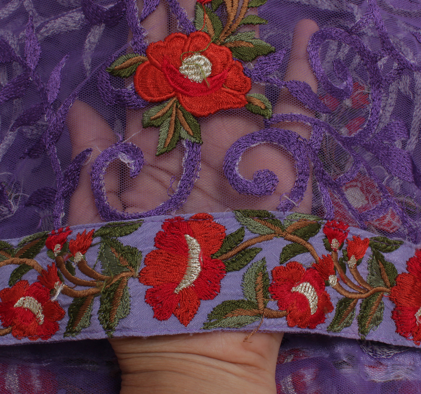 Sushila Vintage Purple Indian Dupatta Net Mesh Hand Embroidered Long Stole Veil