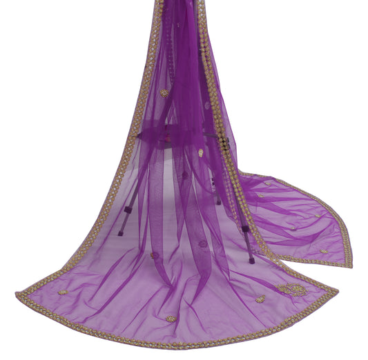 Sushila Vintage Purple Indian Dupatta Net Mesh Hand Beaded Long Stole Scarves