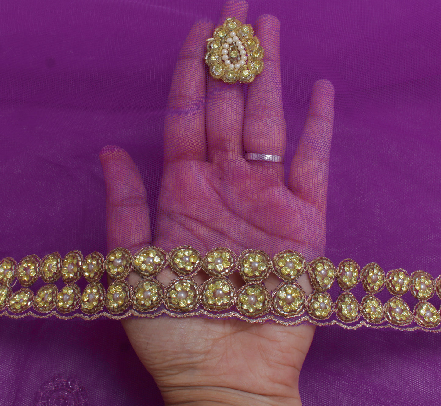 Sushila Vintage Purple Indian Dupatta Net Mesh Hand Beaded Long Stole Scarves