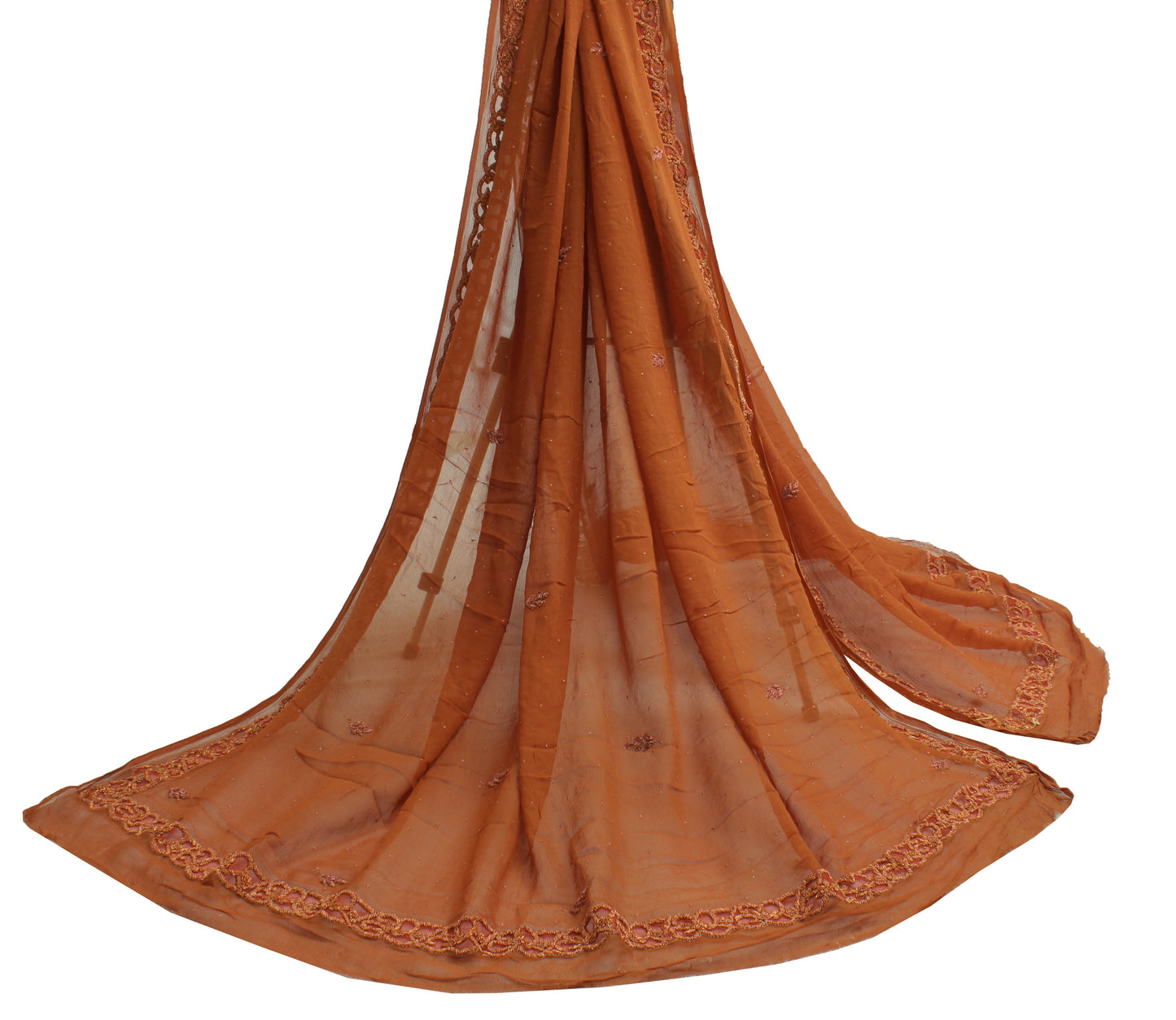 Sushila Vintage Brown Dupatta Pure Chiffon Silk Hand Beaded Zardozi Long Stole