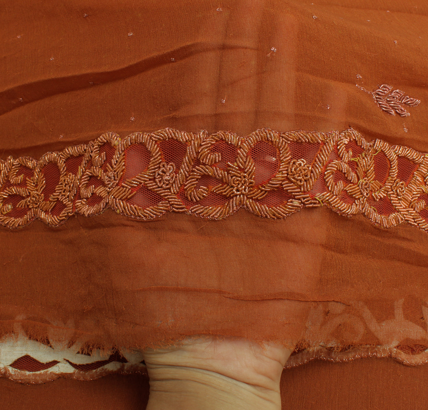 Sushila Vintage Brown Dupatta Pure Chiffon Silk Hand Beaded Zardozi Long Stole