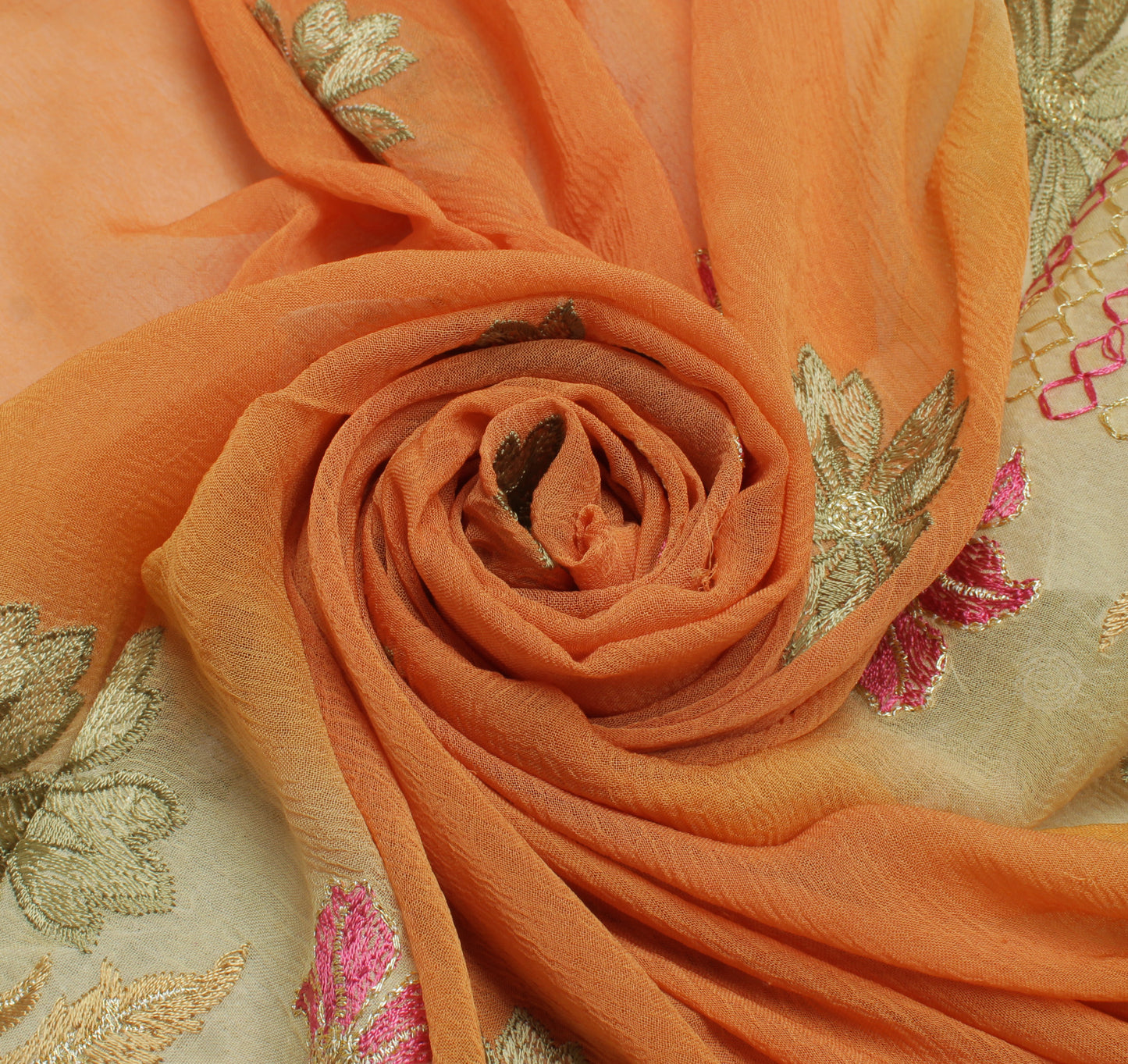 Sushila Vintage Orange Dupatta Pure Chiffon Silk Embroidered Long Stole Scarves