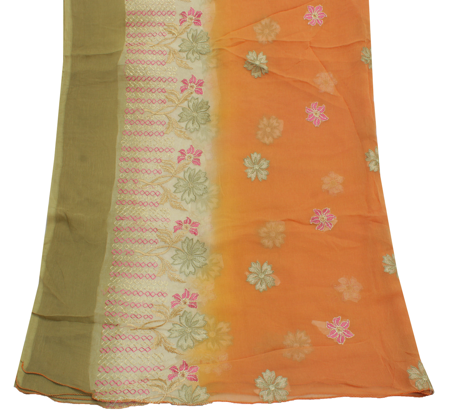 Sushila Vintage Orange Dupatta Pure Chiffon Silk Embroidered Long Stole Scarves