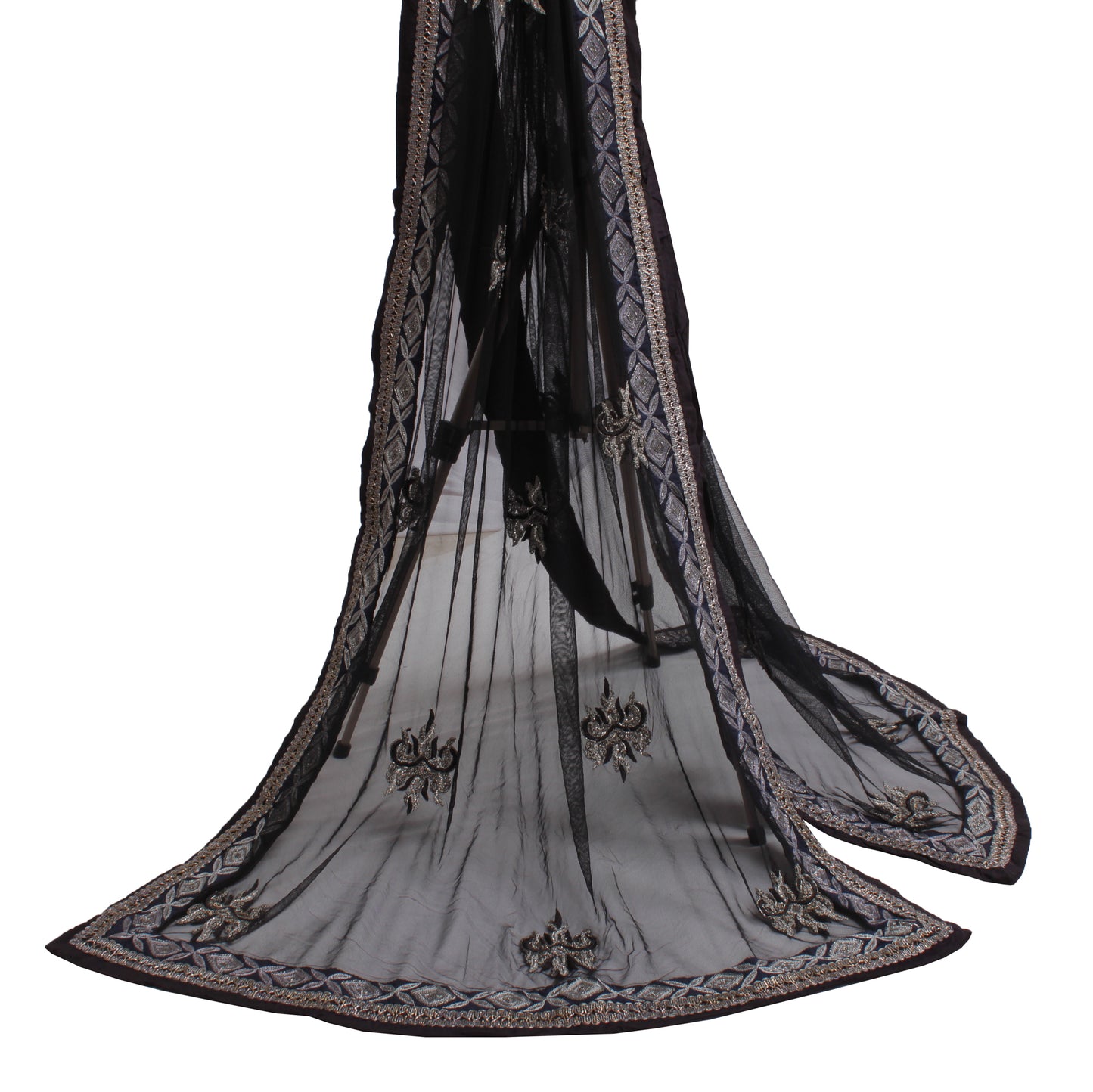 Sushila Vintage Black Indian Dupatta Net Mesh Hand Beaded Long Stole Scarves