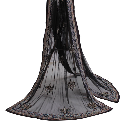 Sushila Vintage Black Indian Dupatta Net Mesh Hand Beaded Long Stole Scarves