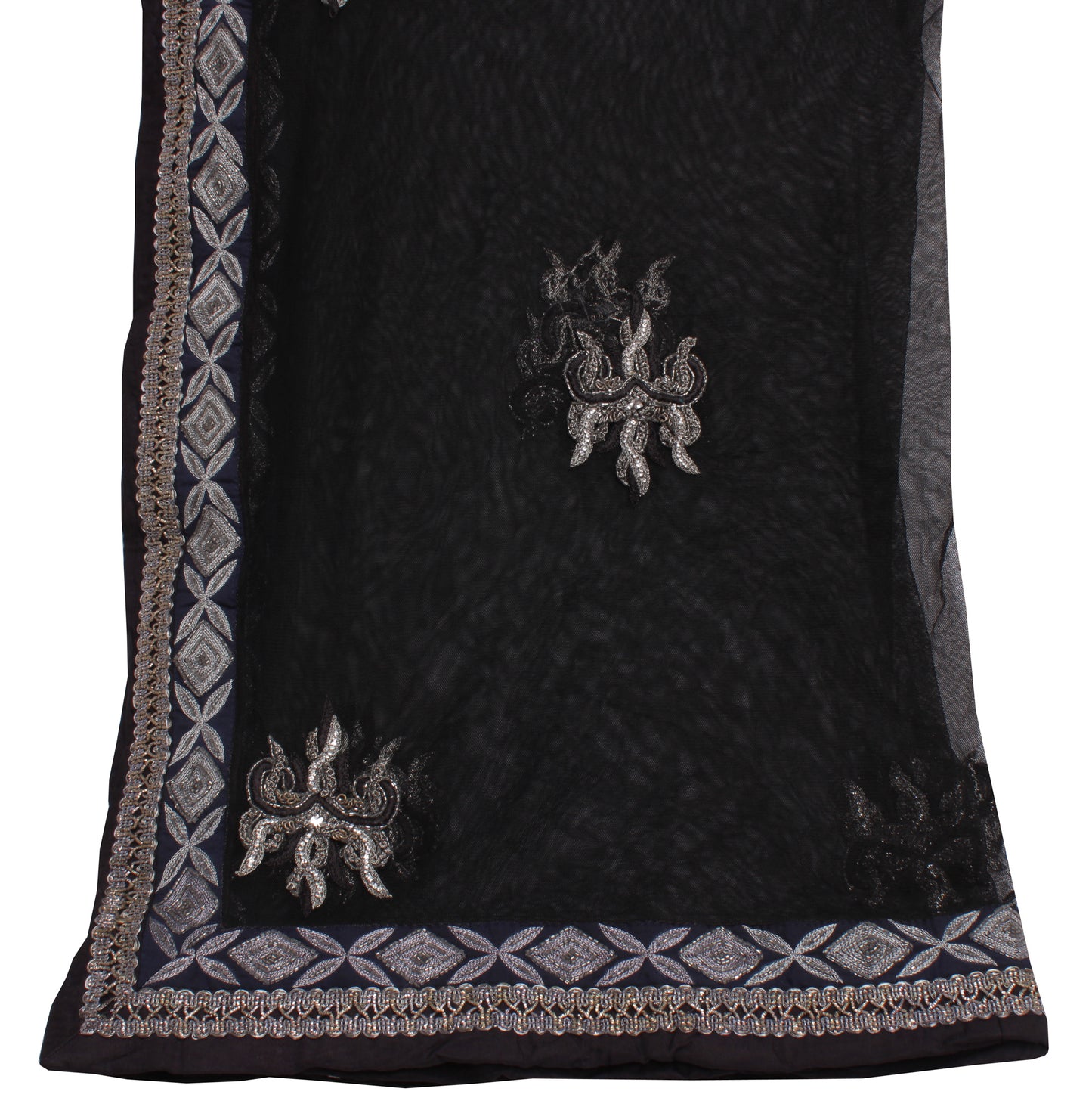 Sushila Vintage Black Indian Dupatta Net Mesh Hand Beaded Long Stole Scarves