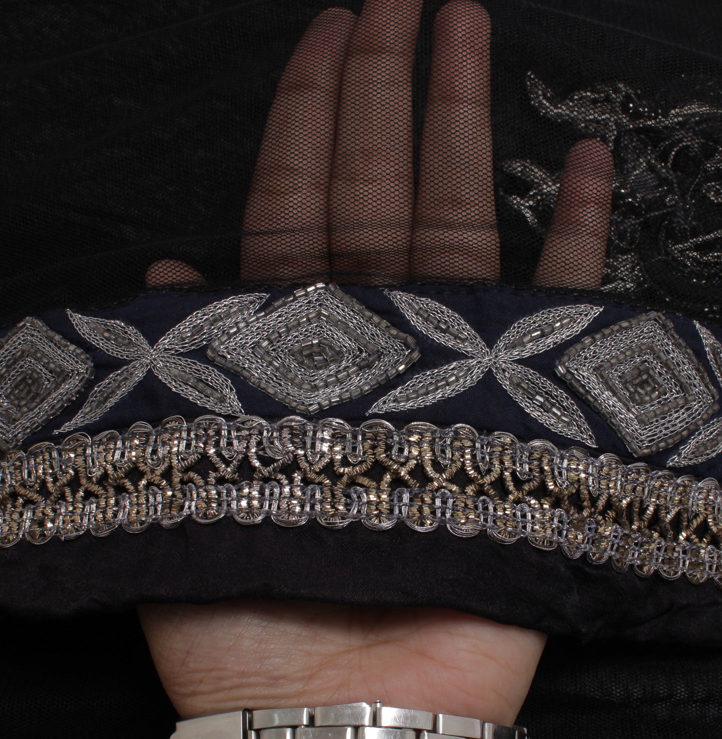 Sushila Vintage Black Indian Dupatta Net Mesh Hand Beaded Long Stole Scarves