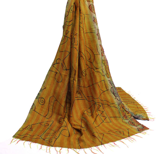 Sushila Vintage Indian Dupatta 100% Pure Silk Hand Embroidered Kantha Long Stole