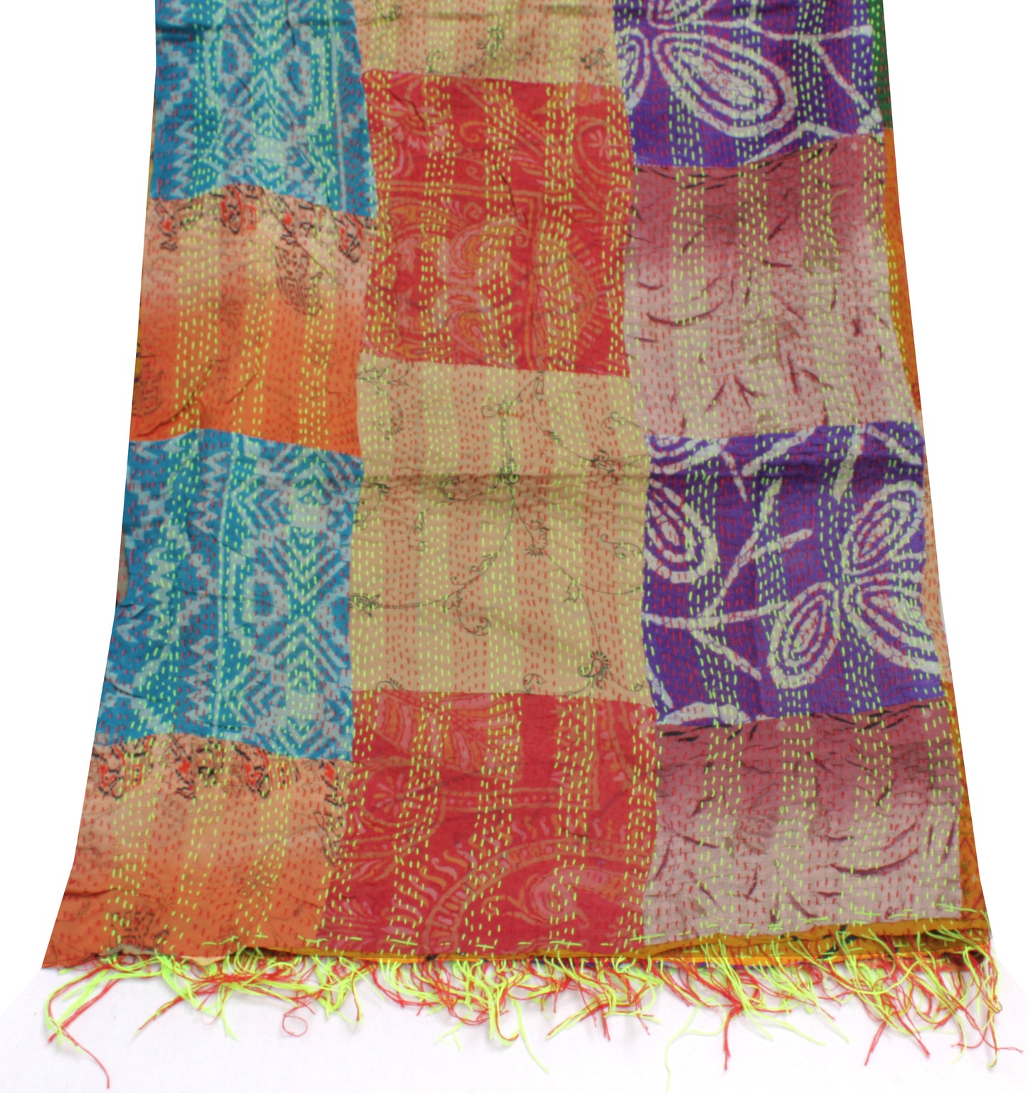 Sushila Vintage Indian Dupatta 100% Pure Silk Hand Embroidered Kantha Long Stole