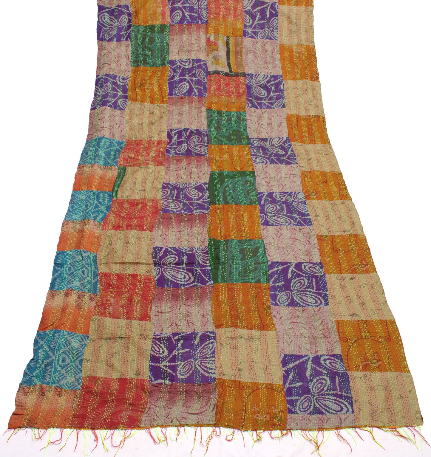 Sushila Vintage Indian Dupatta 100% Pure Silk Hand Embroidered Kantha Long Stole