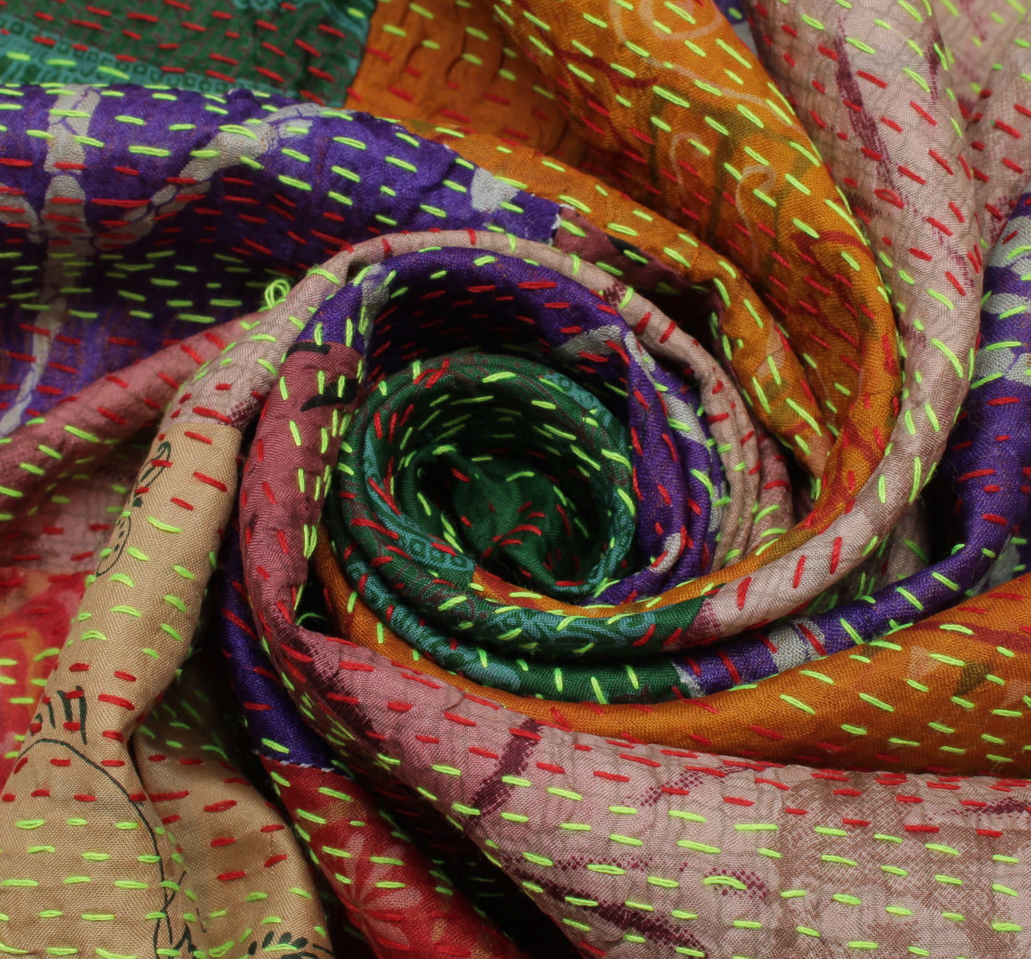 Sushila Vintage Indian Dupatta 100% Pure Silk Hand Embroidered Kantha Long Stole