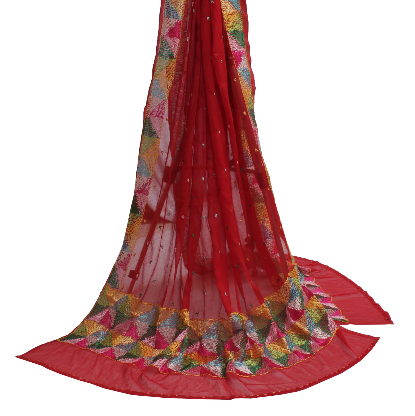Sushila Vintage Red Dupatta Blend Chiffon Silk Hand Embroidered Long Stole Veil