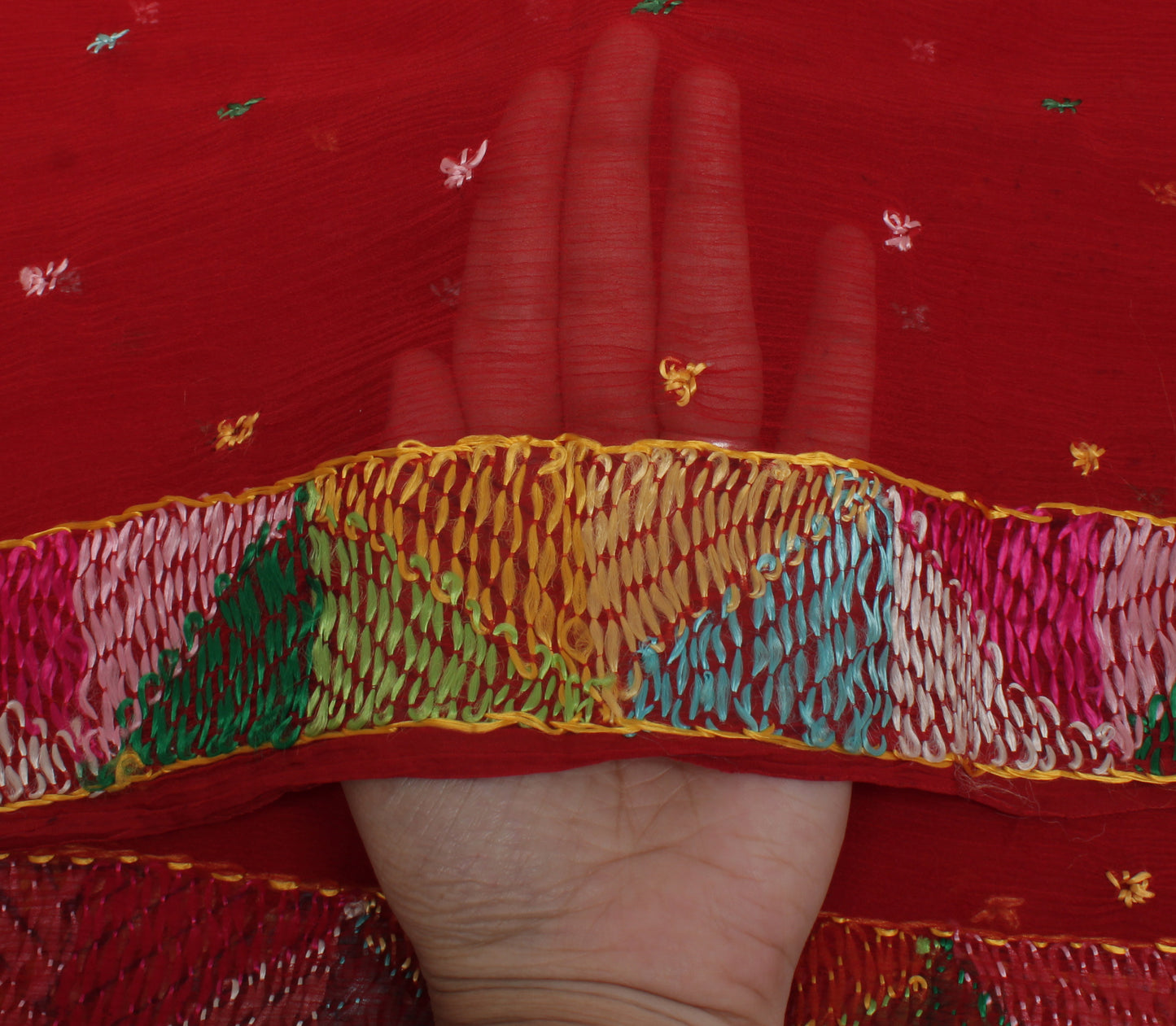 Sushila Vintage Red Dupatta Blend Chiffon Silk Hand Embroidered Long Stole Veil