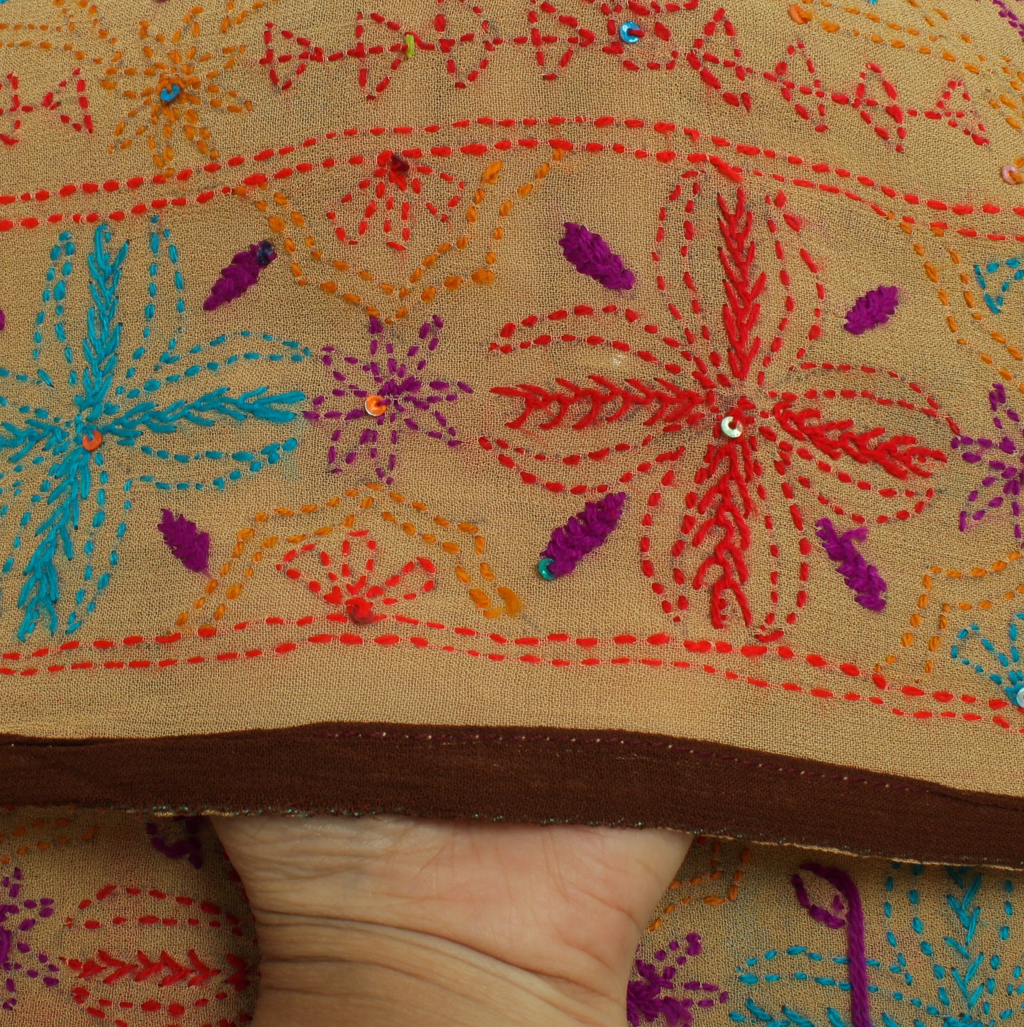 Sushila Vintage Light Brown Dupatta Pure Georgette Silk Embroidered Long Stole