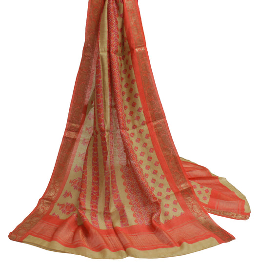 Sushila Vintage Light Brown Dupatta 100% Pure Silk Printed Long Stole Hijab