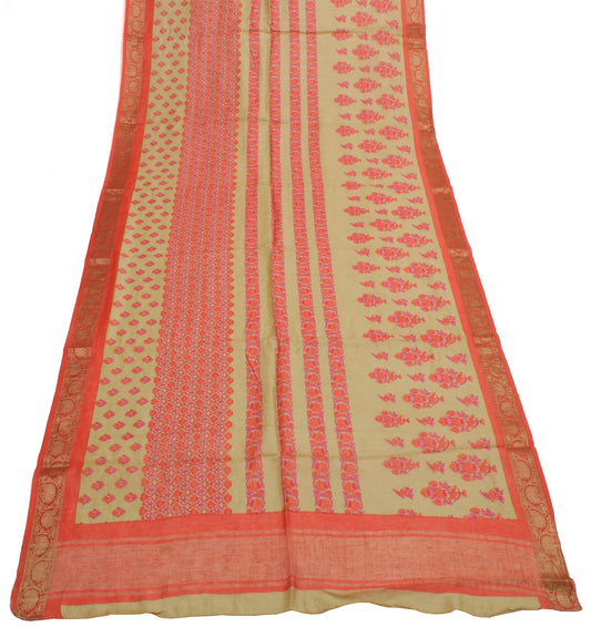 Sushila Vintage Light Brown Dupatta 100% Pure Silk Printed Long Stole Hijab