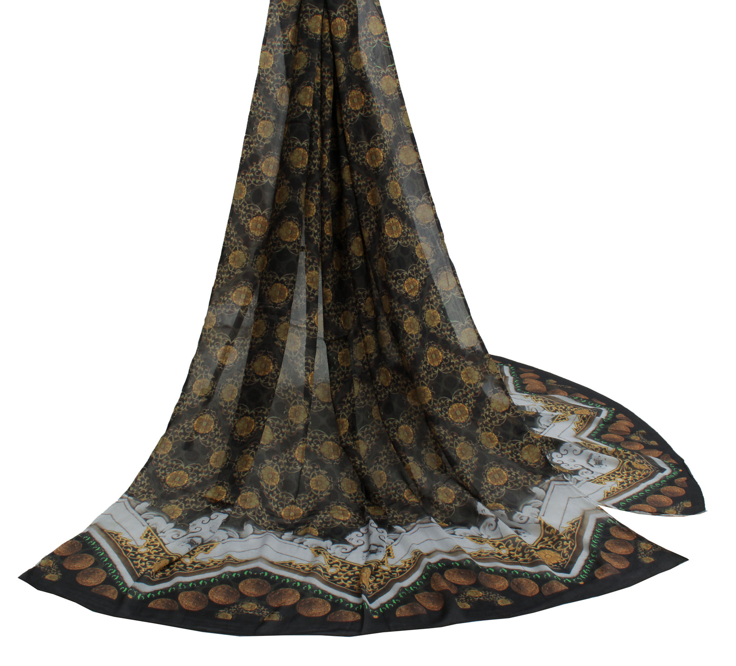 Sushila Vintage Green Indian Dupatta Pure Georgette Silk Printed Long Stole Veil