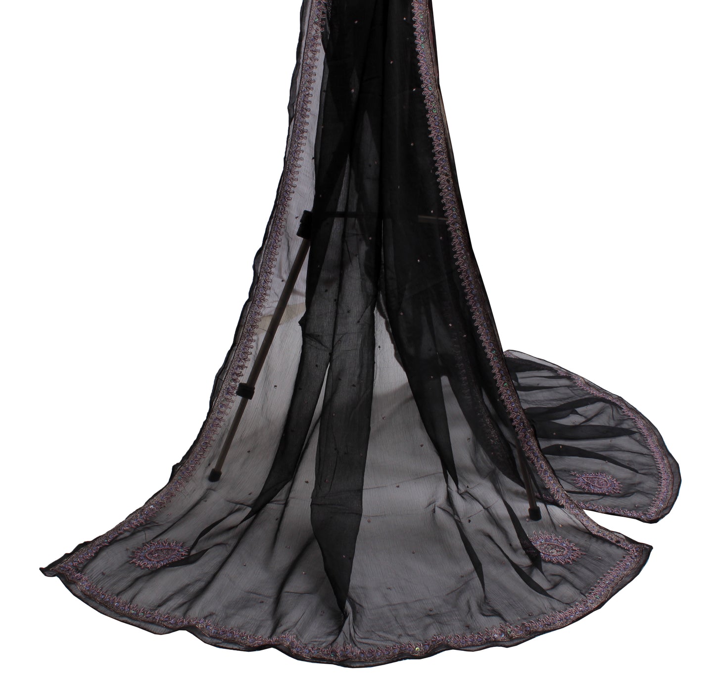 Sushila Vintage Black Dupatta Blend Chiffon Silk Hand Beaded Zardozi Long Stole