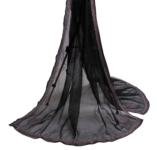 Sushila Vintage Black Dupatta Blend Chiffon Silk Hand Beaded Zardozi Long Stole
