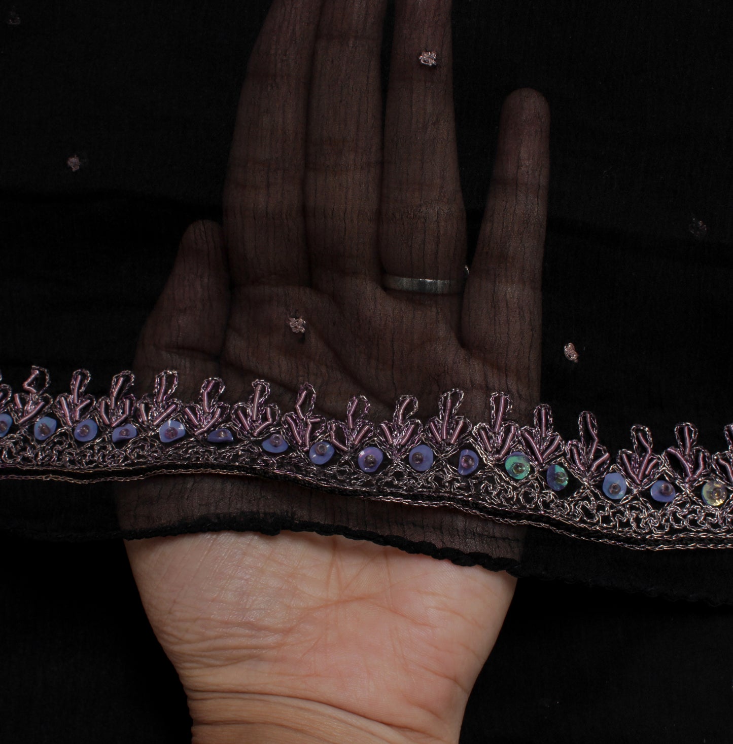 Sushila Vintage Black Dupatta Blend Chiffon Silk Hand Beaded Zardozi Long Stole