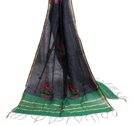 Sushila Vintage Black Indian Dupatta Blend Cotton Embroidered Long Stole Hijab