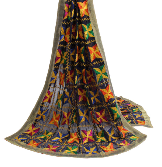 Sushila Vintage Black Dupatta Blend Chiffon Silk Phulkari Embroidered Long Stole