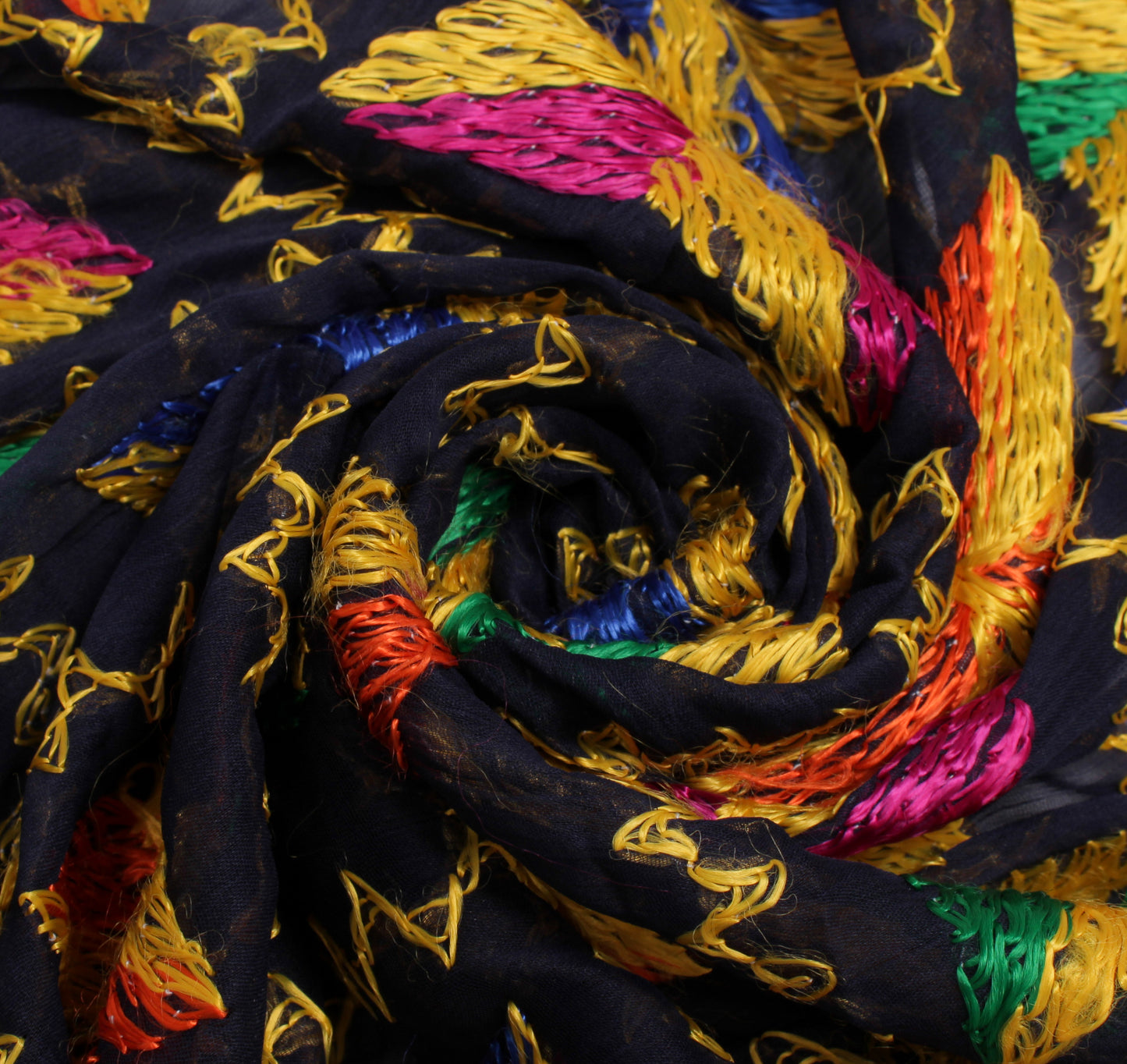 Sushila Vintage Black Dupatta Blend Chiffon Silk Phulkari Embroidered Long Stole