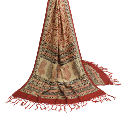 Sushila Vintage Cream Indian Dupatta 100% Pure Silk Printed Long Stole Scarves