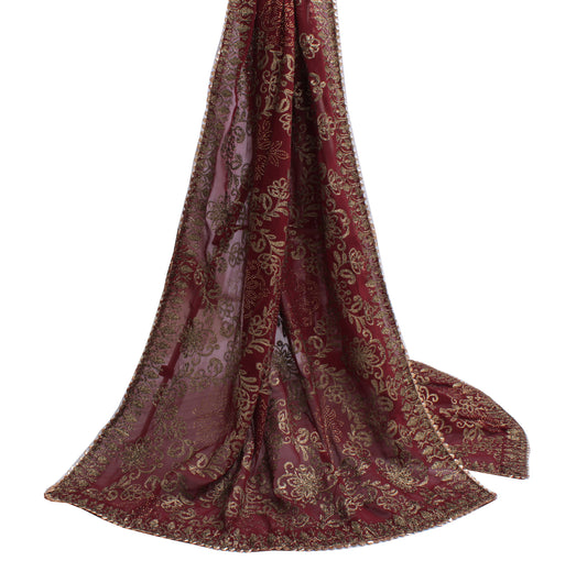 Sushila Vintage Maroon Dupatta Blend Georgette Silk Embroidered Long Stole Hijab