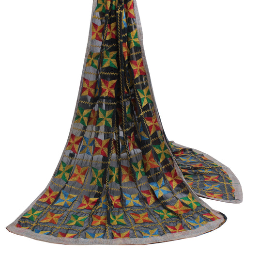 Sushila Vintage Black Dupatta Blend Chiffon Silk Phulkari Embroidered Long Stole