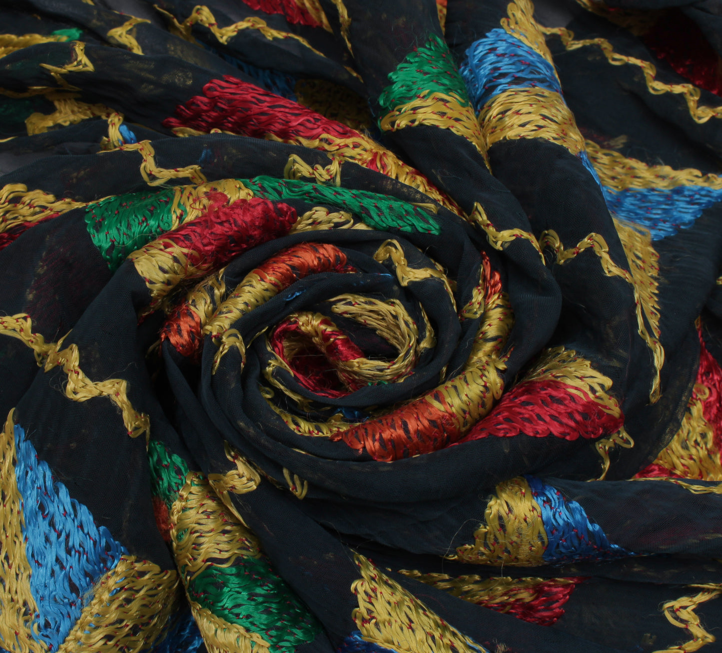 Sushila Vintage Black Dupatta Blend Chiffon Silk Phulkari Embroidered Long Stole