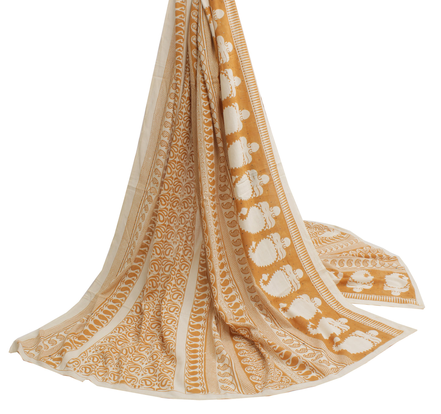 Sushila Vintage Cream Indian Dupatta 100% Pure Cotton Printed Long Stole Hijab