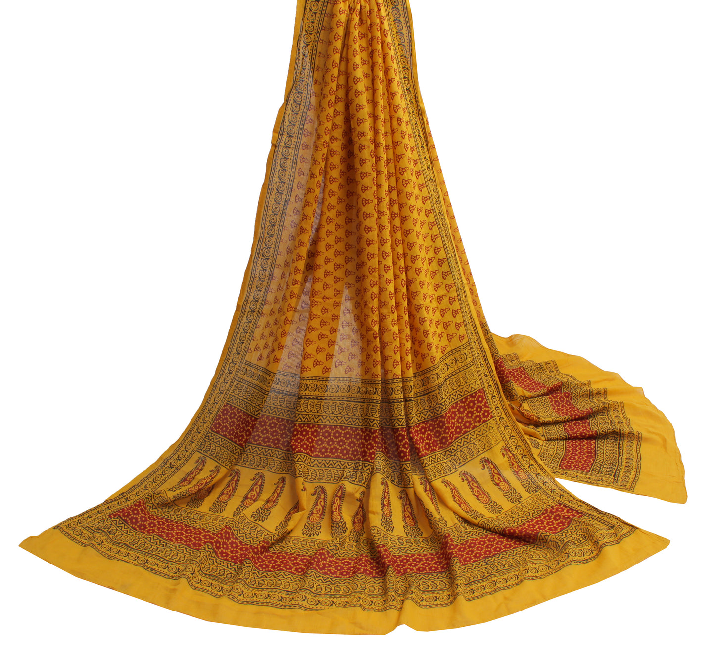 Sushila Vintage Yellow Dupatta Pure Cotton Printed Long Stole Veil Scarves