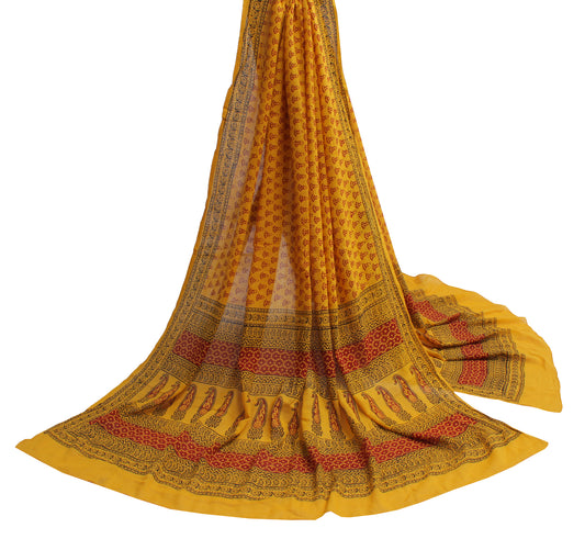 Sushila Vintage Yellow Dupatta Pure Cotton Printed Long Stole Veil Scarves