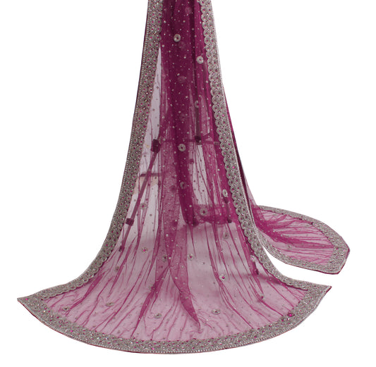 Sushila Vintage Purple Dupatta Net Mesh Embroidered Long Stole Veil Scarves
