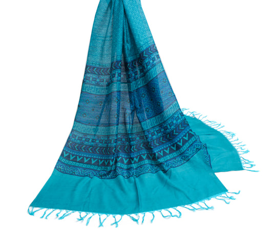 Sushila Vintage Blue Indian Dupatta 100% Pure Silk Printed Long Stole Scarves