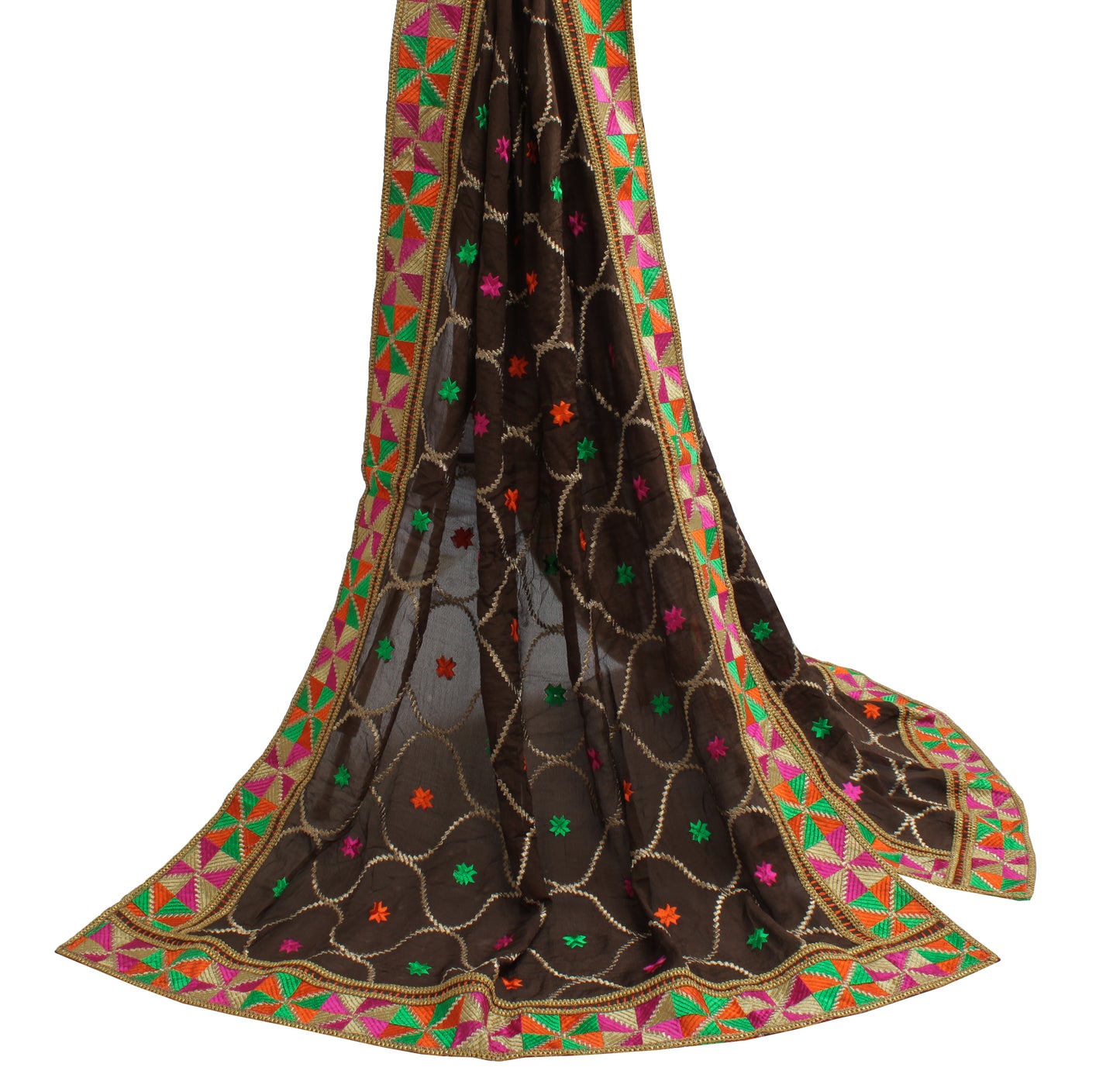 Sushila Vintage Brown Indian Dupatta Pure Chiffon Silk Embroidered Long Stole