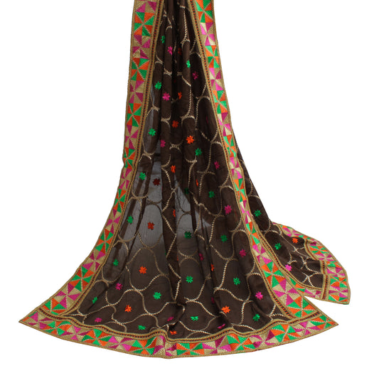 Sushila Vintage Brown Indian Dupatta Pure Chiffon Silk Embroidered Long Stole