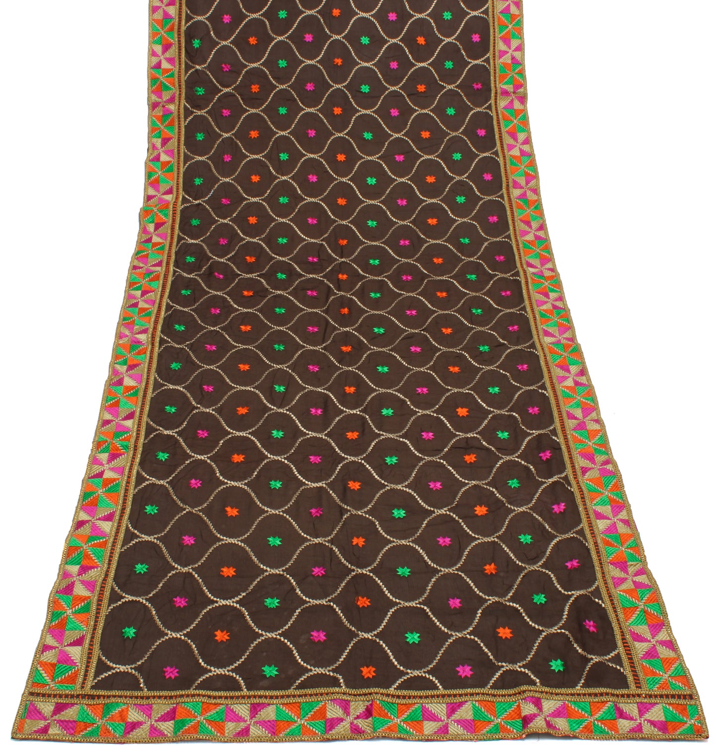 Sushila Vintage Brown Indian Dupatta Pure Chiffon Silk Embroidered Long Stole