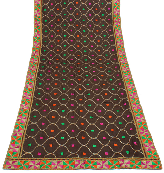Sushila Vintage Brown Indian Dupatta Pure Chiffon Silk Embroidered Long Stole