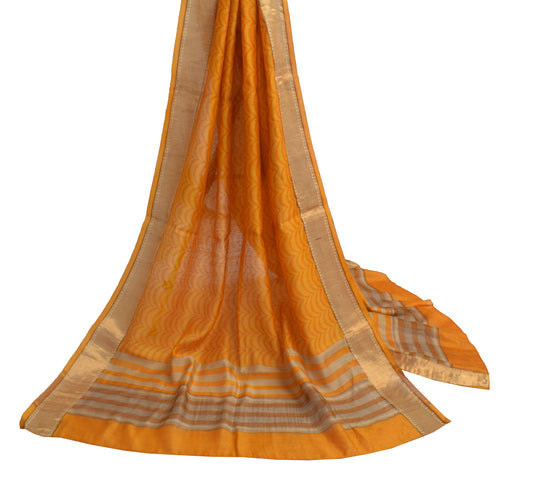 Sushila Vintage Yellow Indian Dupatta 100% Pure Silk Printed Long Stole Scarves